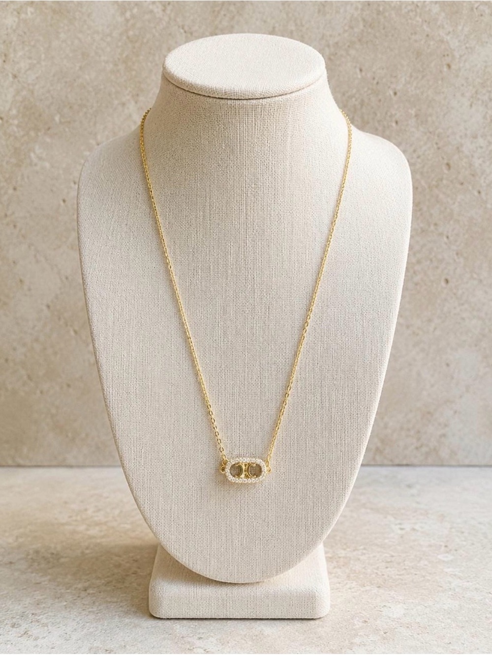 Gold Tone Mother of Pearl Crystal Quatrefoil Pendant Necklace Long Chain